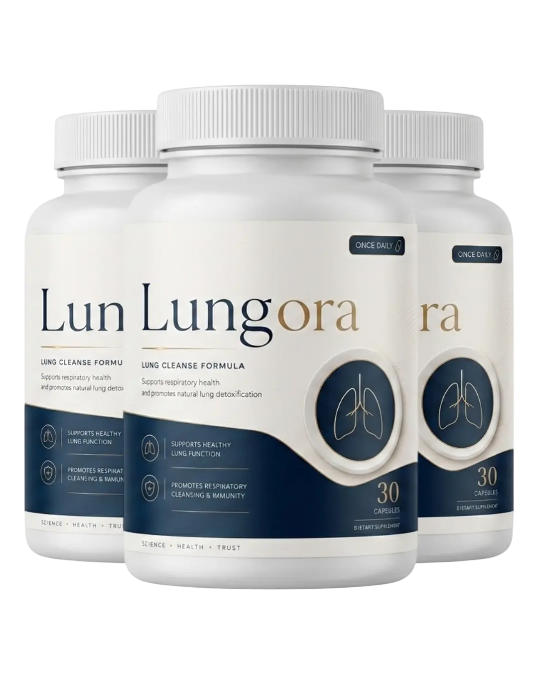 Three bottles of Lungora lung cleanse formula dietary supplement