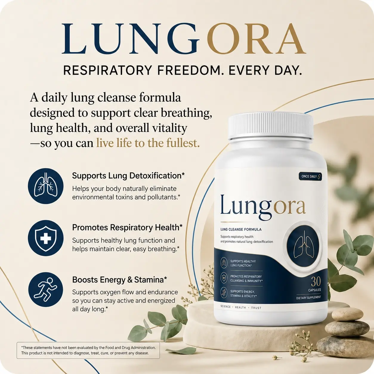 Infographic summarizing Lungora lung detoxification, respiratory health, and energy support benefits