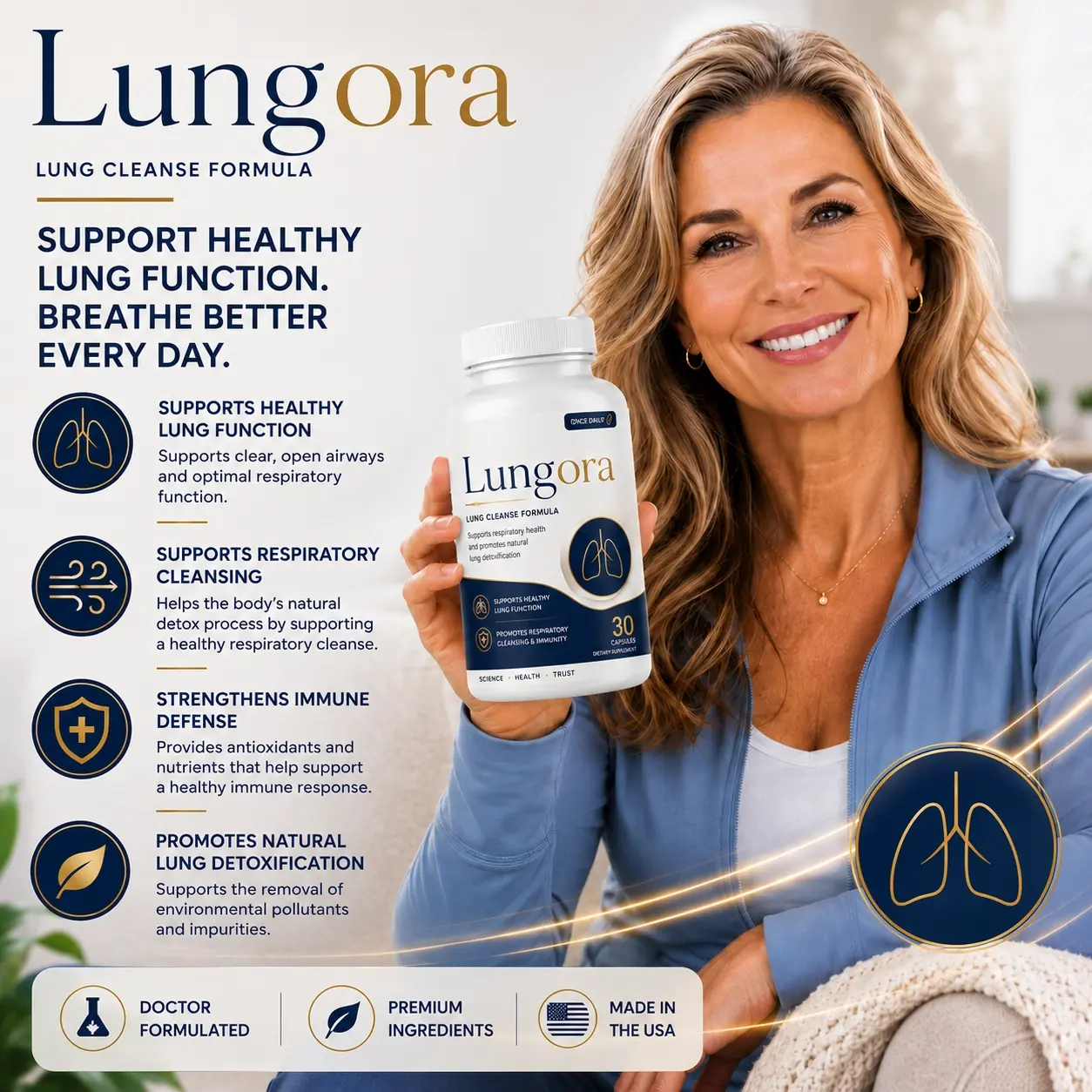 Lungora lung cleanse formula bottle with woman holding product and summary of key lung health benefits